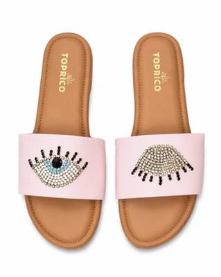 Tan beaded faux leather evil eye flats for women 5