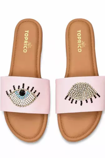 Tan beaded faux leather evil eye flats for women
