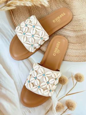 Tan shell embellished faux leather flats for women 1