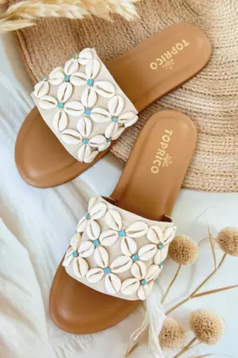 Tan shell embellished faux leather flats for women