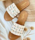 Tan shell embellished faux leather flats for women