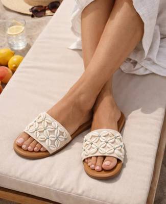 Tan shell embellished faux leather flats for women 3