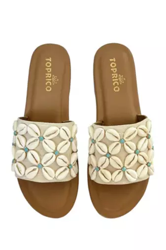 Tan shell embellished faux leather flats for women