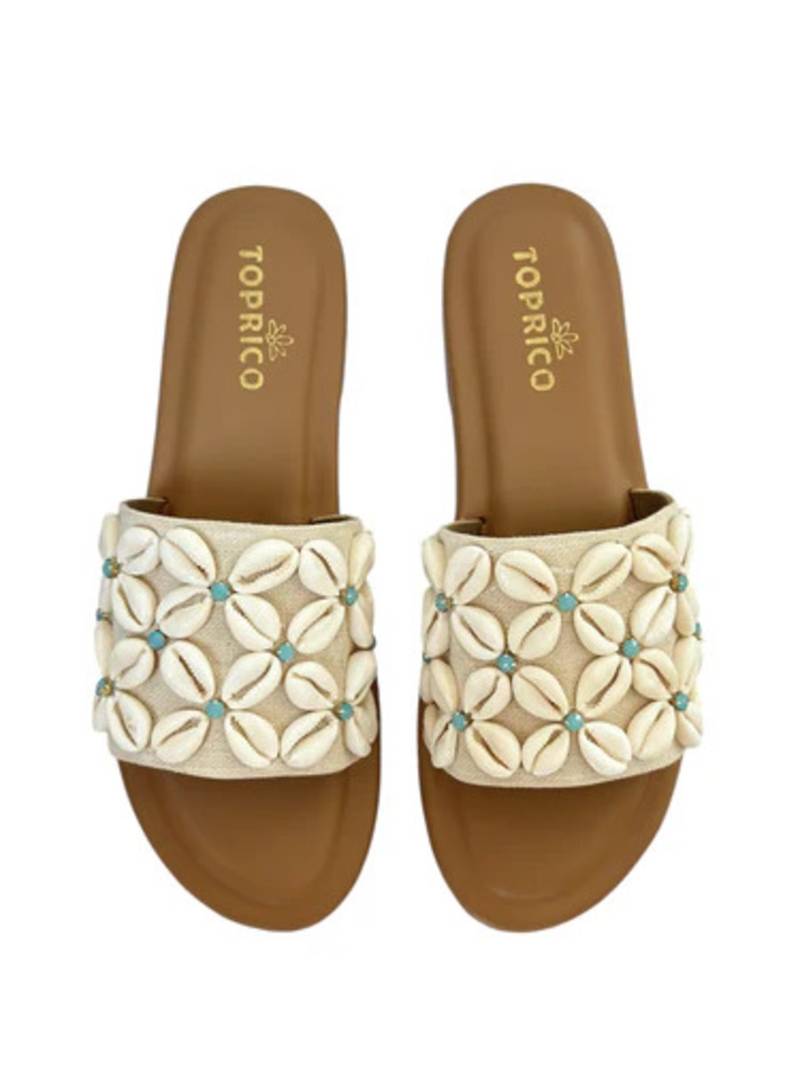 Tan shell embellished faux leather flats for women