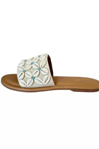 Tan shell embellished faux leather flats for women
