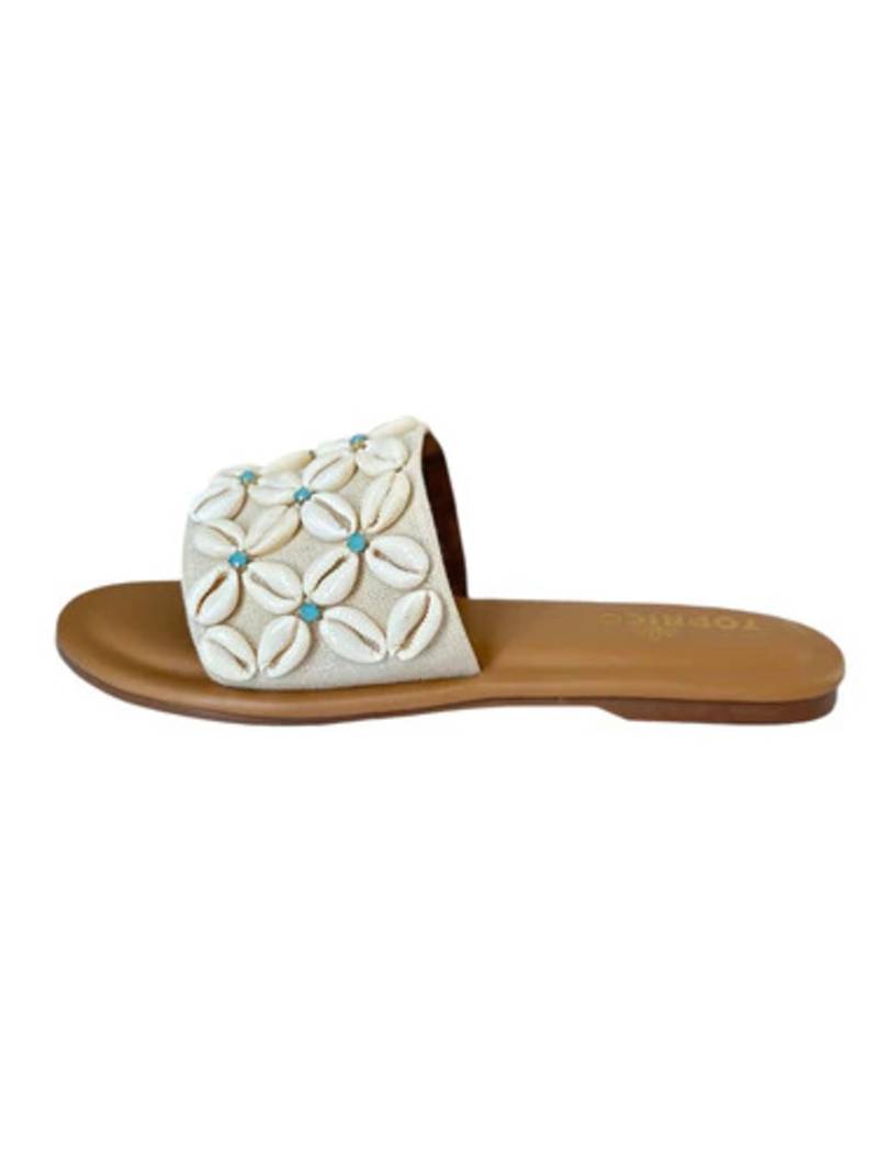 Tan shell embellished faux leather flats for women
