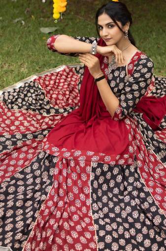 ajarakh prints royon fabric chaniya choli with dupatta - full stitched free size