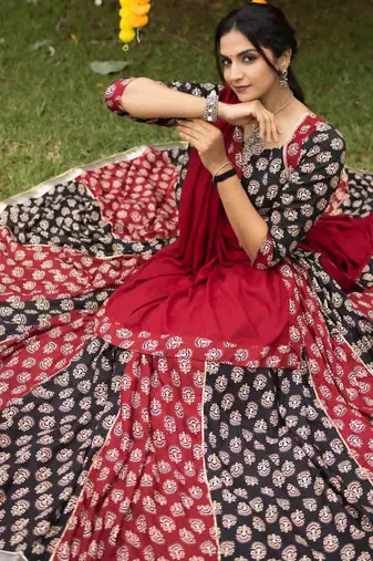 ajarakh prints royon fabric chaniya choli with dupatta - full stitched free size