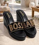 Black beaded faux leather high heels for women