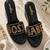 Black beaded faux leather high heels for women