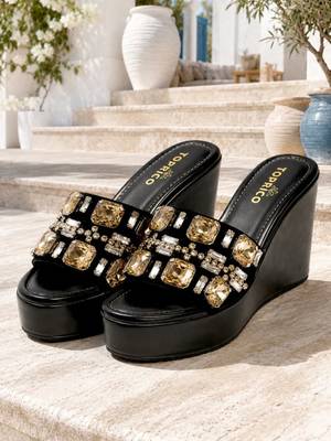 Black crystal embellished faux leather wedge platform heels for women 1