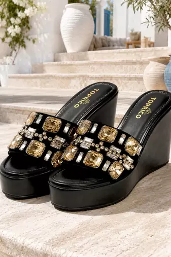 Black crystal embellished faux leather wedge platform heels for women