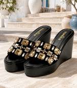 Black crystal embellished faux leather wedge platform heels for women