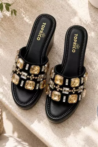Black crystal embellished faux leather wedge platform heels for women