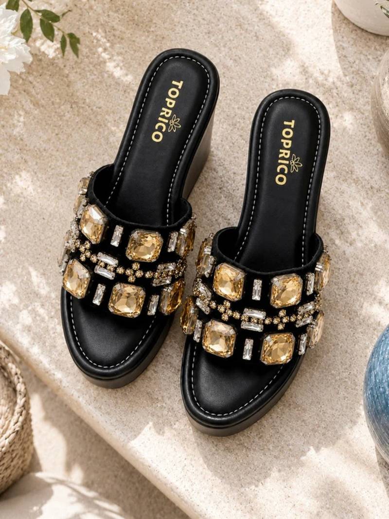 Black crystal embellished faux leather wedge platform heels for women