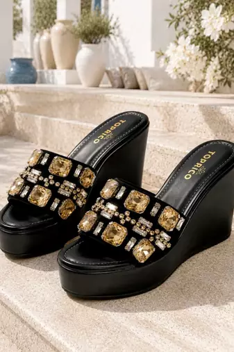 Black crystal embellished faux leather wedge platform heels for women