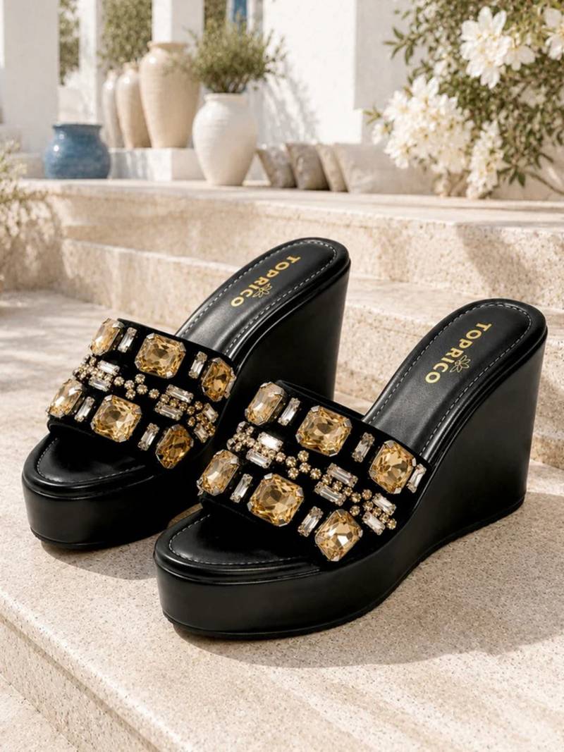 Black crystal embellished faux leather wedge platform heels for women