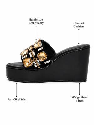 Black crystal embellished faux leather wedge platform heels for women 4