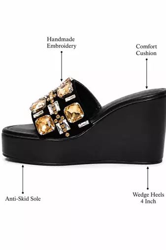 Black crystal embellished faux leather wedge platform heels for women