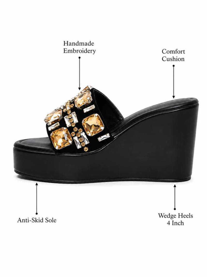 Black crystal embellished faux leather wedge platform heels for women