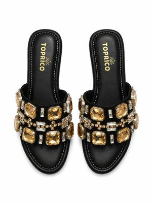 Black crystal embellished faux leather wedge platform heels for women 5