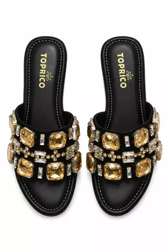 Black crystal embellished faux leather wedge platform heels for women