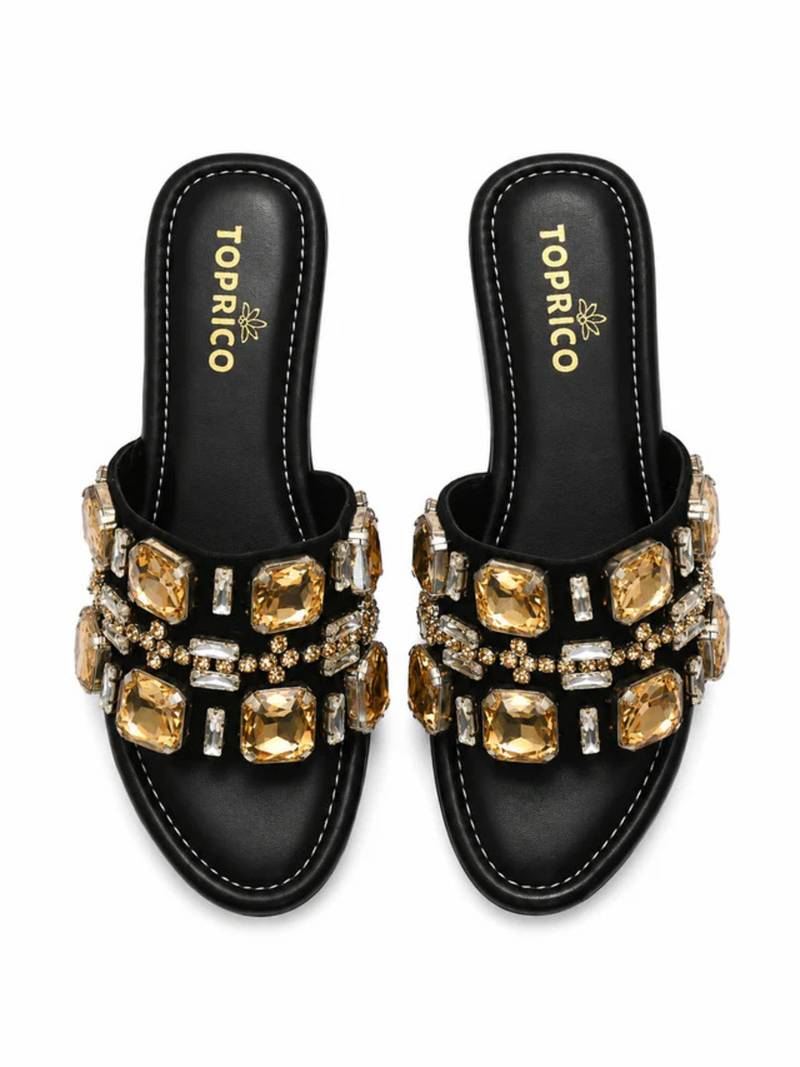 Black crystal embellished faux leather wedge platform heels for women