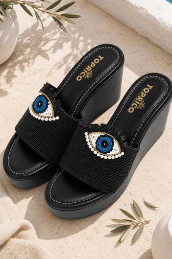 Black beaded faux leather platform slides for women