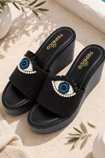 Black beaded faux leather platform slides for women