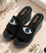 Black beaded faux leather platform slides for women