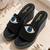 Black beaded faux leather platform slides for women