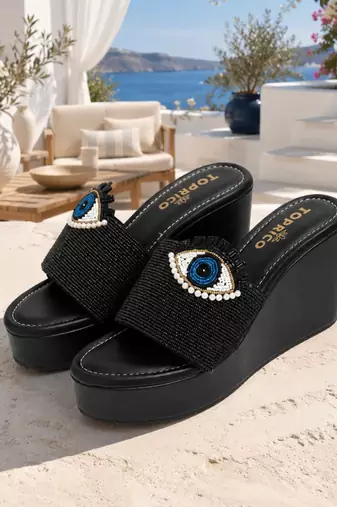 Black beaded faux leather platform slides for women