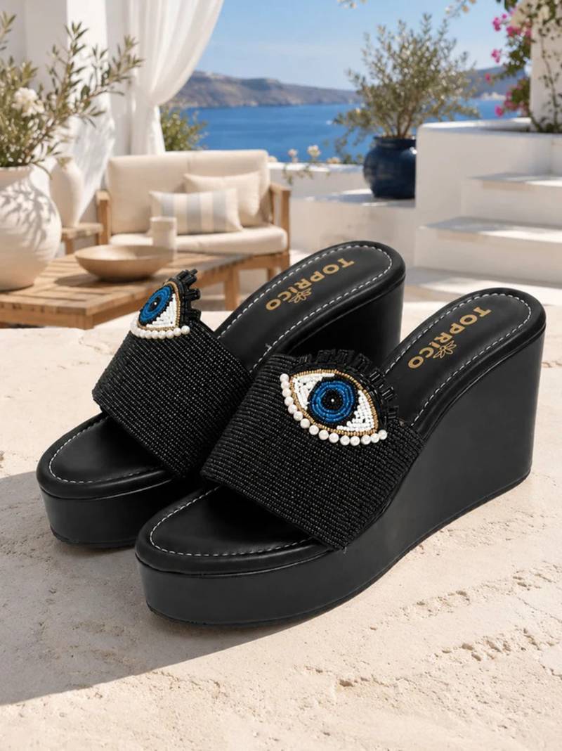 Black beaded faux leather platform slides for women