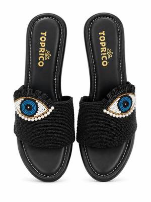 Black beaded faux leather platform slides for women 3