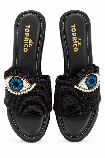 Black beaded faux leather platform slides for women