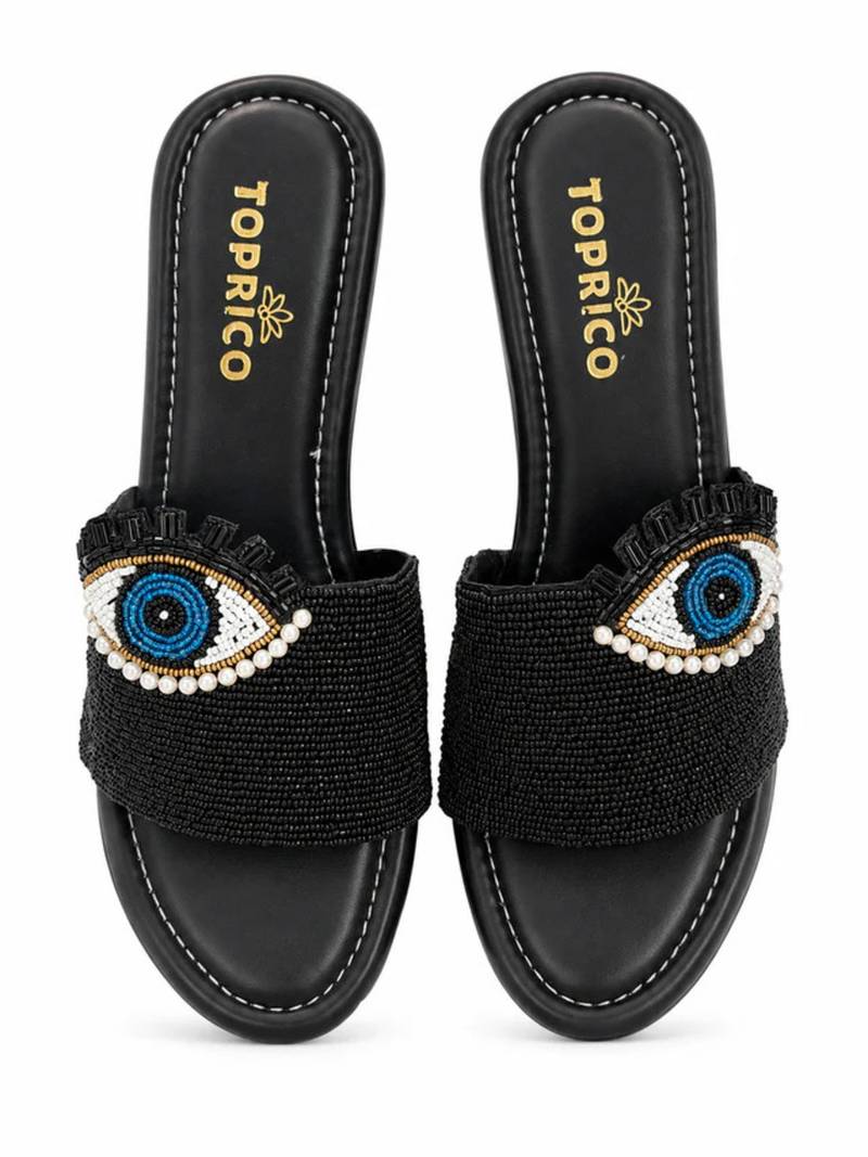 Black beaded faux leather platform slides for women