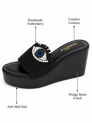 Black beaded faux leather platform slides for women 4