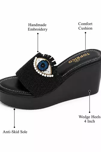 Black beaded faux leather platform slides for women