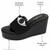 Black beaded faux leather platform slides for women