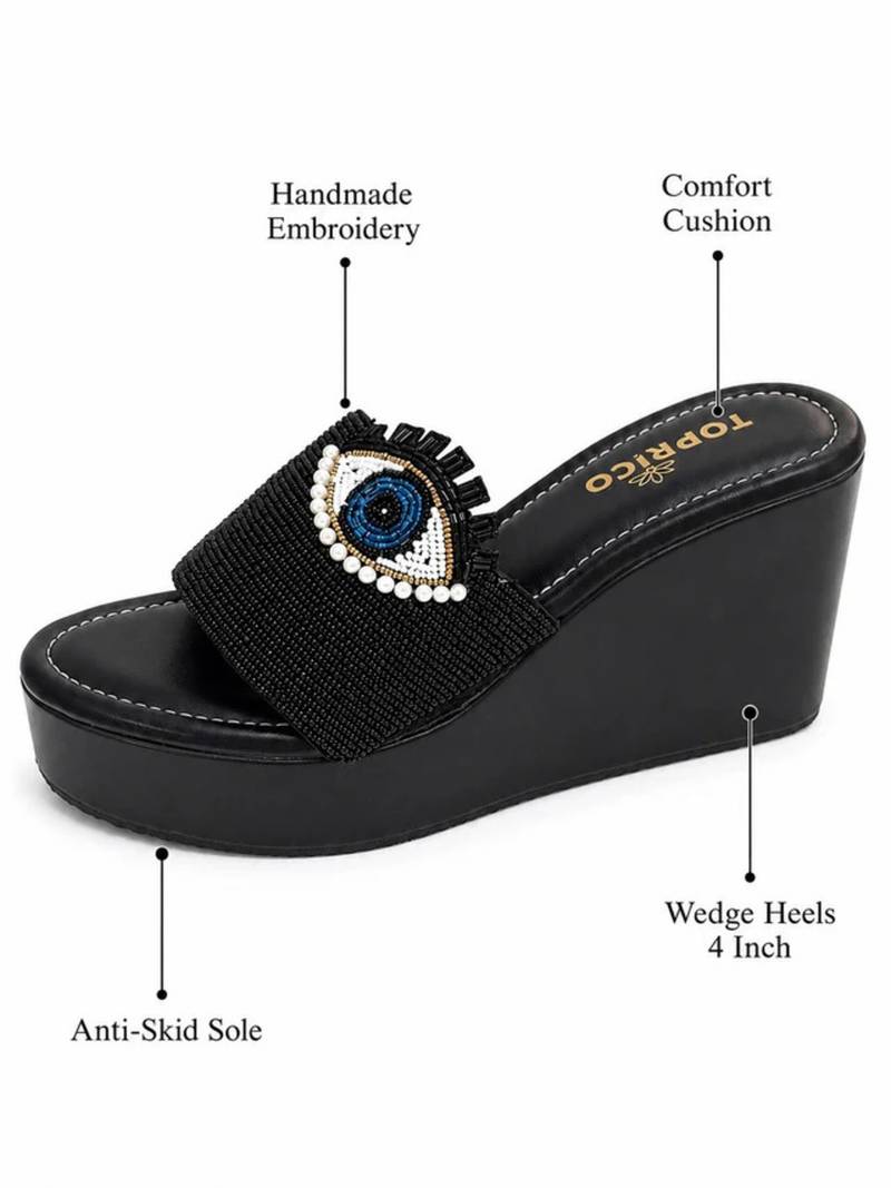 Black beaded faux leather platform slides for women