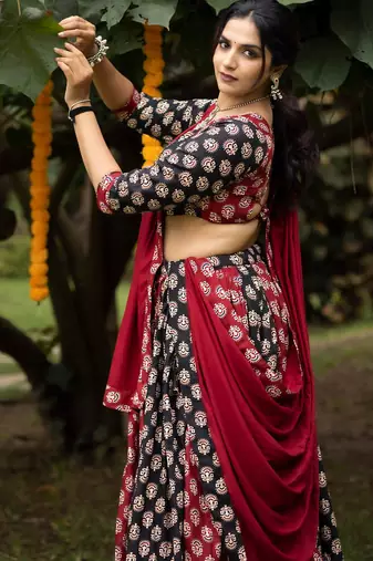 ajarakh prints royon fabric chaniya choli with dupatta - full stitched free size
