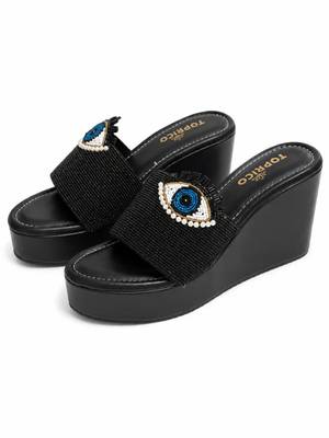 Black beaded faux leather platform slides for women 5