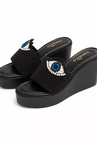 Black beaded faux leather platform slides for women