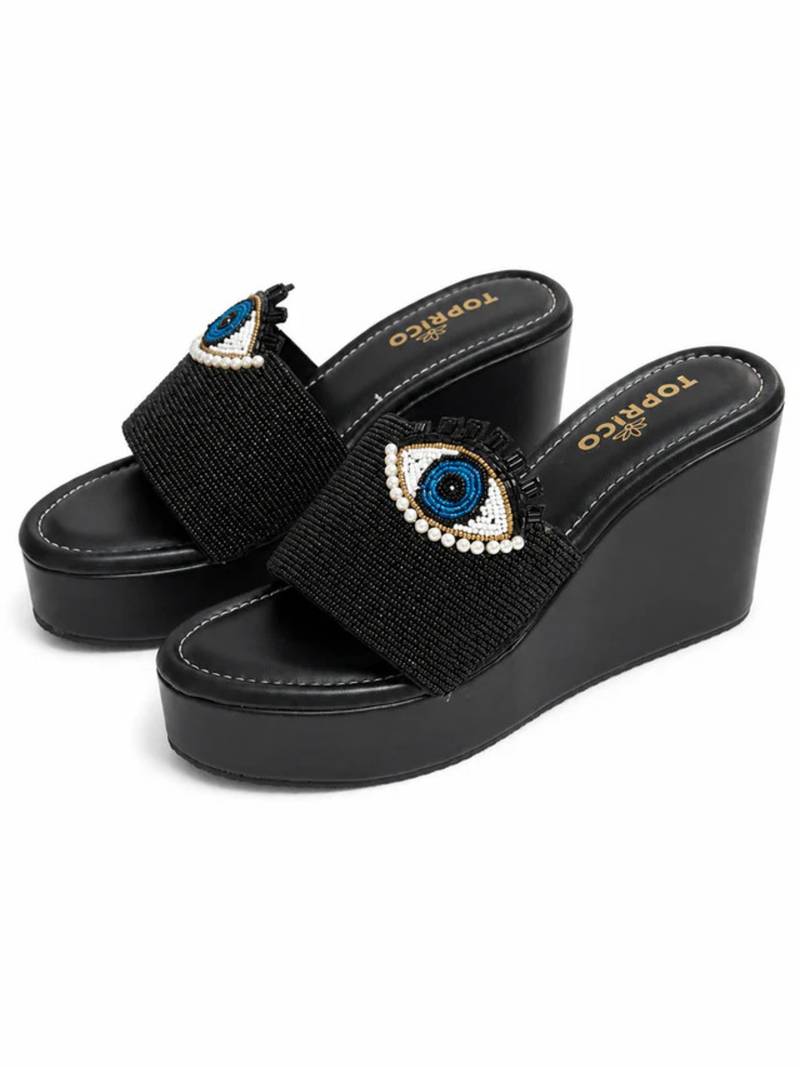 Black beaded faux leather platform slides for women