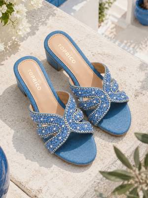 Blue beaded faux leather denim block heels for women 1