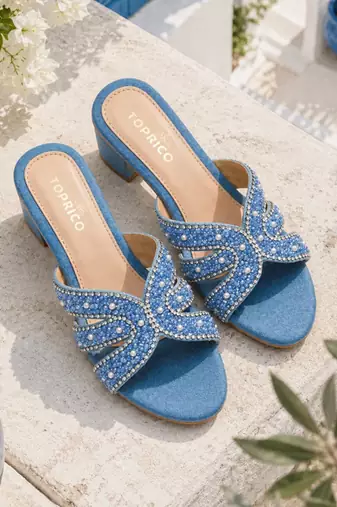 Blue beaded faux leather denim block heels for women