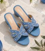 Blue beaded faux leather denim block heels for women
