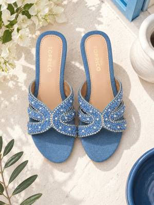 Blue beaded faux leather denim block heels for women 2