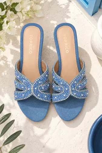 Blue beaded faux leather denim block heels for women