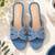 Blue beaded faux leather denim block heels for women